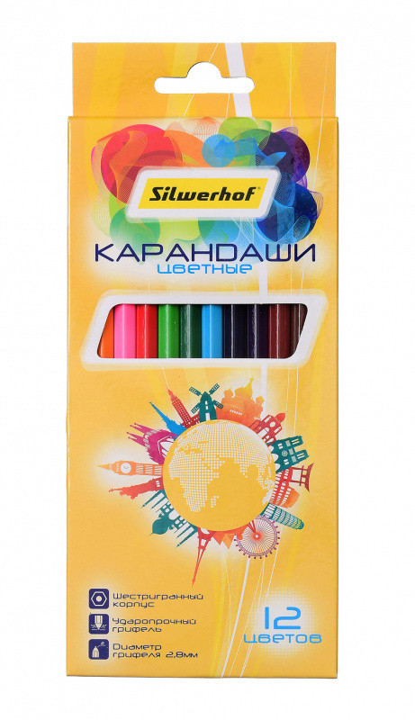Карандаши цветные шестигранные Silwerhof "Солнечная коллекция", диаметр грифеля 2.8 мм, 12 цветов, 134218-12