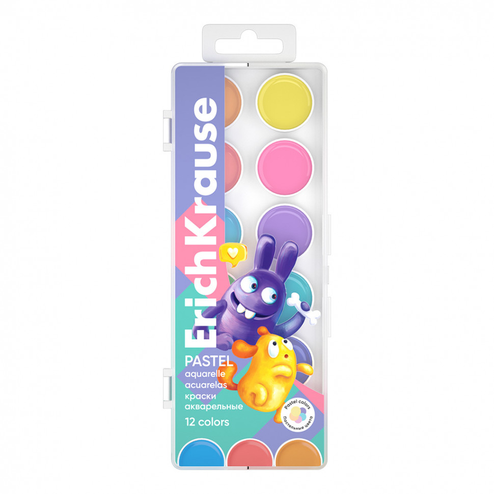 Краски акварельные ErichKrause Jolly Friends Pastel, 12 пастельных цветов в пластиковой коробке, EK61370