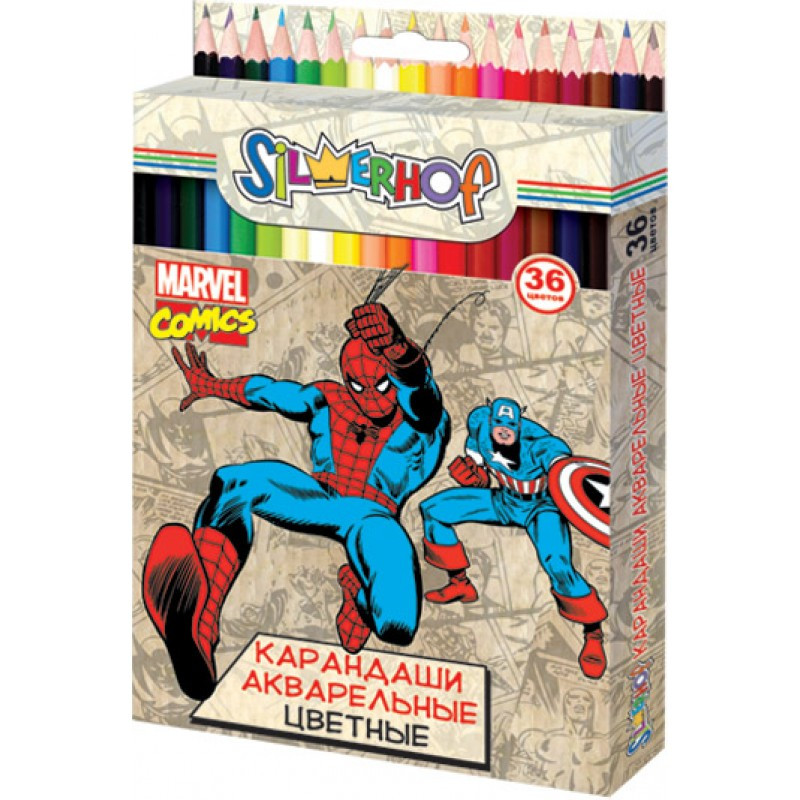 Карандаши цветные акварельные 36 цветов, Silwerhof MARVEL COMICS