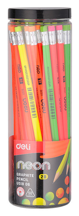Карандаш чернографитный Deli Neon 2B трехгранный с ластиком, EU51806-1 