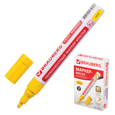 Маркер-краска BRAUBERG PROFESSIONAL лаковый (paint marker) перманентный, пишущий узел 4 мм, БЕЗ КСИЛОЛА (без запаха), алюминиевый корпус, цвет чернил желтый