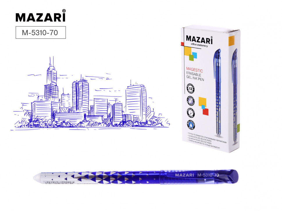 Ручка гелевая со стираемыми чернилами Mazari MAGESTIC, игольчатый пишущий узел 0.5 мм, термочувствительные чернила, корпус пластиковый цветной, сменный стержень 126.5 мм, цвет чернил синий, M-5310-70