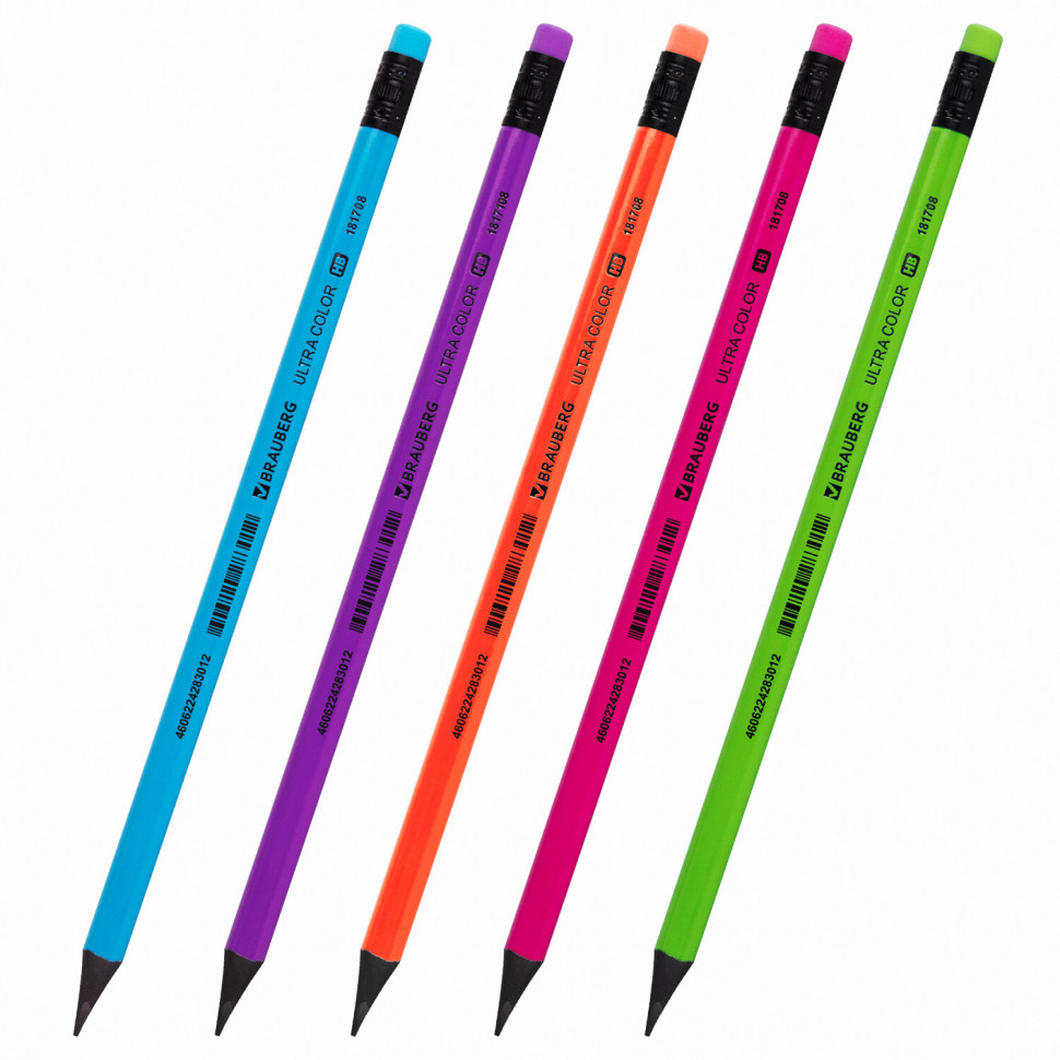 Карандаш чернографитный BRAUBERG ULTRA COLOR" HB с ластиком пластиковый, 181708