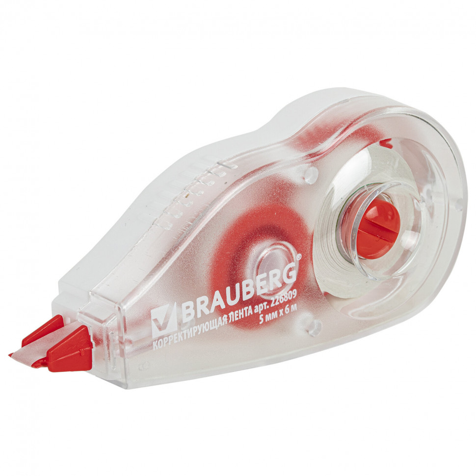 Корректирующая лента BRAUBERG 5 мм х 6 м, корпус красный, с механизмом перемотки (подкручиванием), 226809