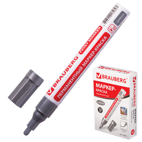 Маркер-краска BRAUBERG PROFESSIONAL лаковый (paint marker) перманентный, пишущий узел 4 мм, БЕЗ КСИЛОЛА (без запаха), алюминиевый корпус, цвет чернил "серебро"