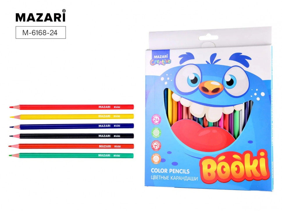 Карандаши цветные пластиковые Mazari BOOKI, 24 цвета, шестигранный корпус, диаметр грифеля 2.6 мм, M-6168-24
