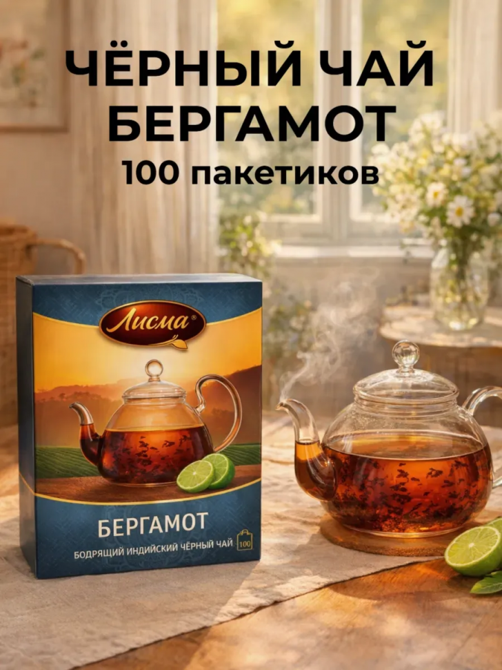Чай черный Лисма с бергамотом, уп. 100 пакетиков