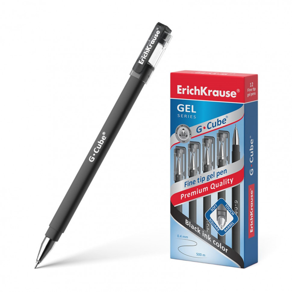 Ручка гелевая Erich Krause G-Cube, пишущий узел Fine Tip 0.5 мм, корпус с покрытием Soft Touch и квадратным сечением корпуса, длина линии письма 500 метров, EK46447