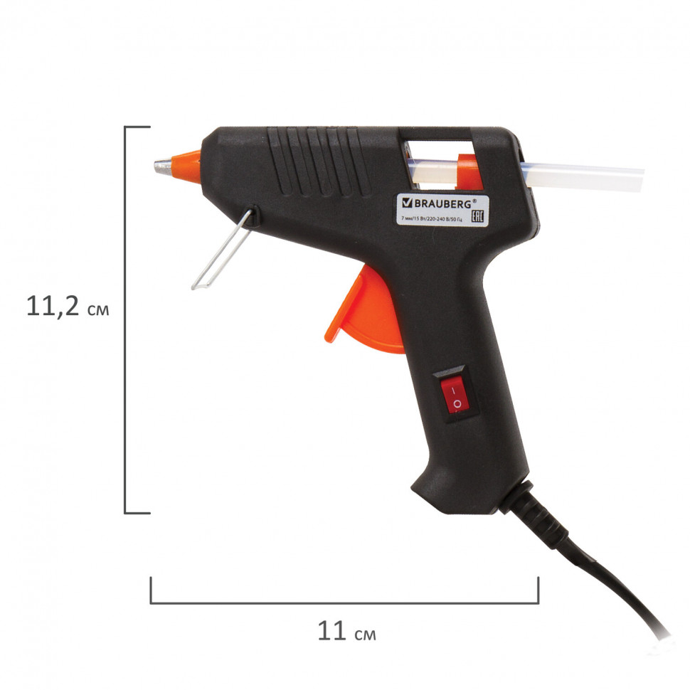 Клеевой пистолет 15 Вт для стержня 7 мм с выключателем, BRAUBERG 671051