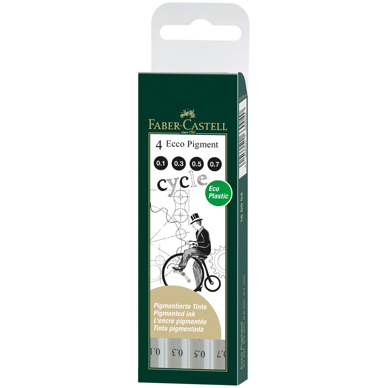 Капиллярные ручки FABER-CASTELL ECCO PIGMENT, набор 4 штуки - пишущий узел 0,1, 0,3, 0,5, 0,7 мм, цвет чернил черный, FC166004