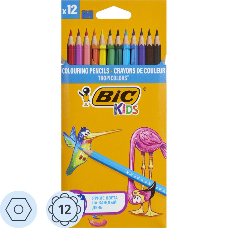 Карандаши цветные BIC Tropicolors, 12 цветов, заточенные, диаметр грифеля 3 мм, BIC 832566
