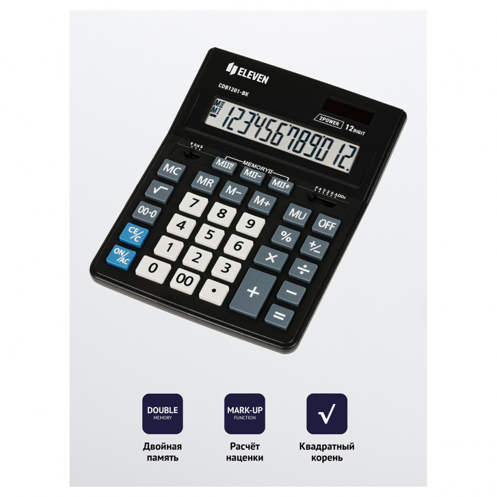 Калькулятор настольный Eleven Business Line CDB1201-BK, 12 разрядов, двойное питание, размер 155 х 205 х 35 мм, черный