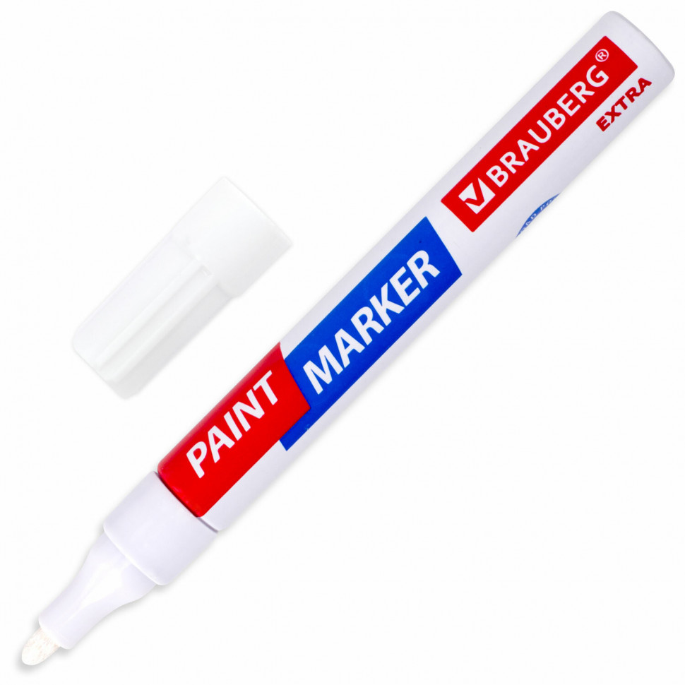 Маркер-краска лаковый Brauberg EXTRA (paint marker), пишущий узел 4 мм, УСИЛЕННАЯ НИТРООСНОВА, цвет чернил белый, 151978