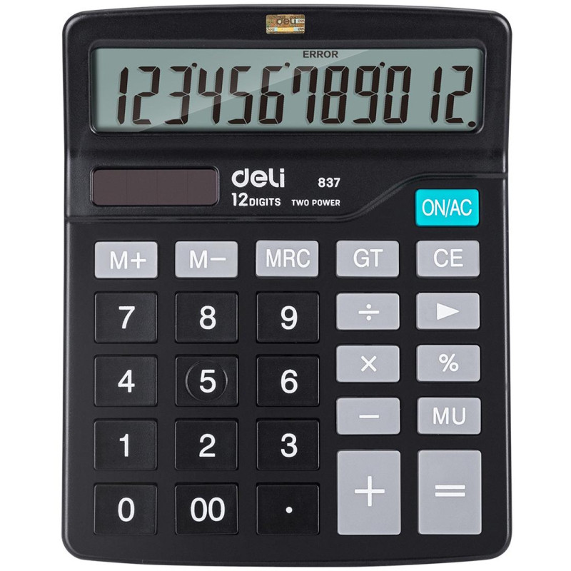 Калькулятор настольный Deli E837, 12 разрядов, двойное питание, размер 148 x 120 мм, черный