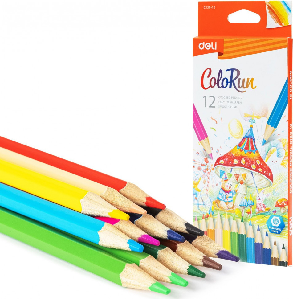 Карандаши цветные деревянные Deli ColoRun, толщина грифеля 3.0 мм, набор 12 цветов, Deli EC130-12