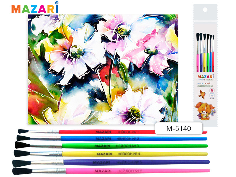 Набор кистей художественных из нейлона Mazari, 6 штук (№ 1, 2, 3, 4, 5, 6), кисть круглая, обойма обжимная, ручка пластиковая разноцветная, M-5140