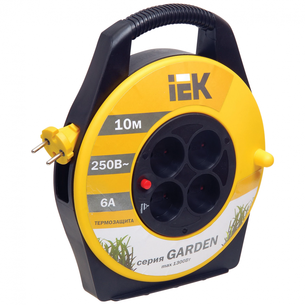 Удлинитель на катушке IEK Garden УК10, 10 метров, 4 розетки, 6А IP20 2х0.75, макс. 1300 Вт, термозащита, IEK WKP23-06-04-10