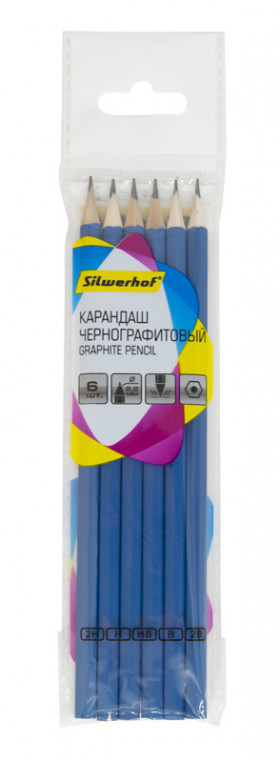Набор 6 чернографитных шестигранных деревянных карандашей Silwerhof,  диаметр грифеля 2 мм, твердость 2H-2B