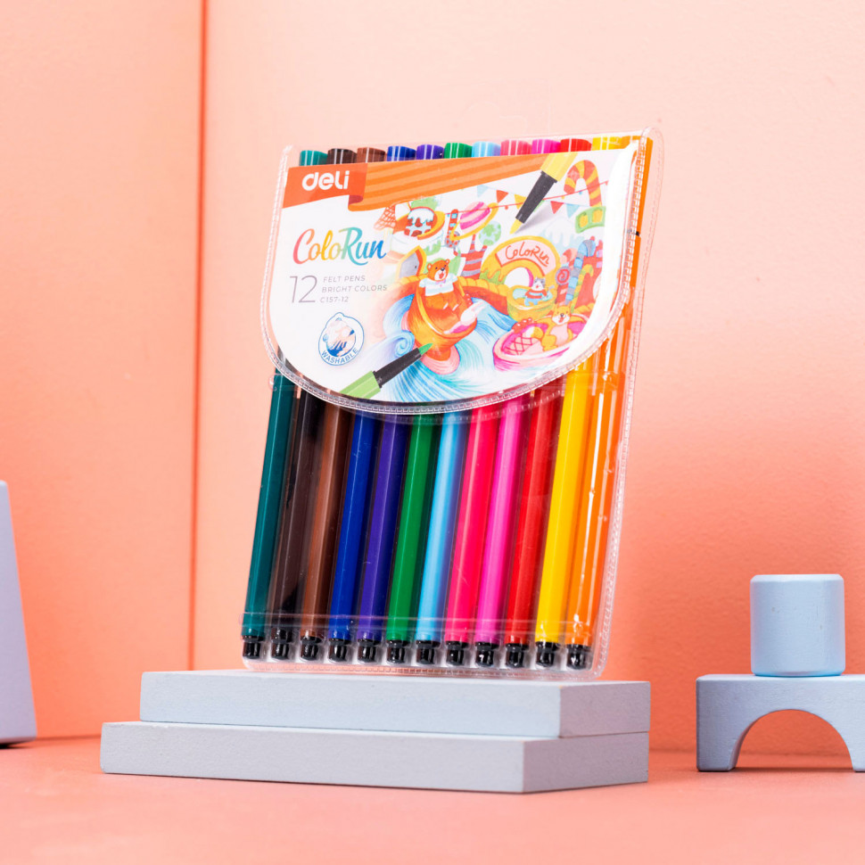 Фломастеры Deli ColoRun шестигранные смываемые, чернила на водной основе, вентилируемый колпачок, набор 12 цветов, Deli EC157-12
