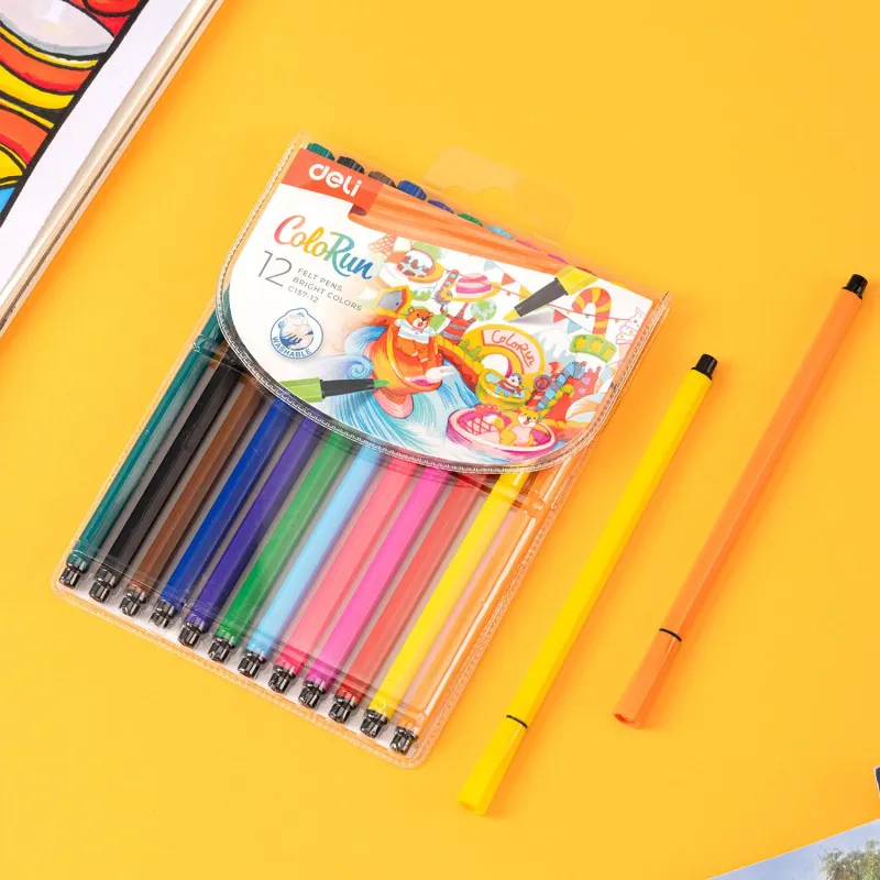 Фломастеры Deli ColoRun шестигранные смываемые, чернила на водной основе, вентилируемый колпачок, набор 12 цветов, Deli EC157-12
