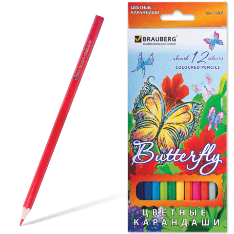 Карандаши цветные BRAUBERG "Butterfly" (Бабочка) 12 цветов, заточенные, упаковка с блестками, 180535 