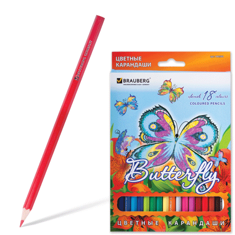 Карандаши цветные BRAUBERG "Butterfly" (Бабочка) 18цв, заточенные, карт.упаковка с блестками, 180550 