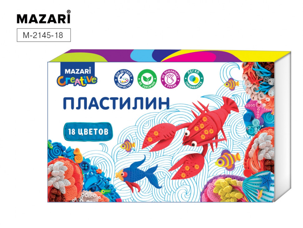 Пластилин классический 18 цветов, 360 г, со стеком, Mazari M-2145-18