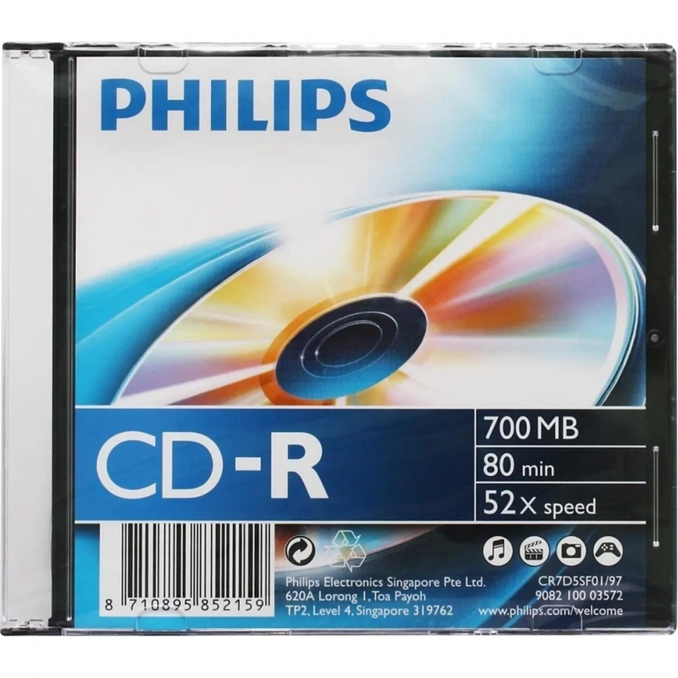 Диск CD-R PHILIPS, 700 Мб, 52x, Slim Case (1 штука), CR7D5SF01/97