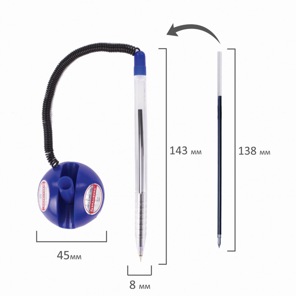 Ручка шариковая настольная BRAUBERG "Counter Pen", пружинка, корпус синий, пишущий узел 0,5 мм, линия письма 0.3 мм, цвет чернил синий, 143259
