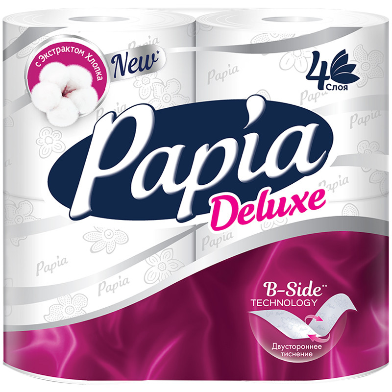 Бумага туалетная PAPIA DELUXE четырехслойная белая, уп. 4 рулона по 16 м, 5080736