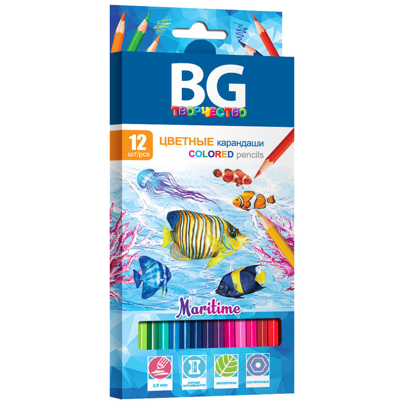Карандаши цветные BG Maritime, 12 цветов, шестигранные, пластиковые, диаметр грифеля 2,8 мм