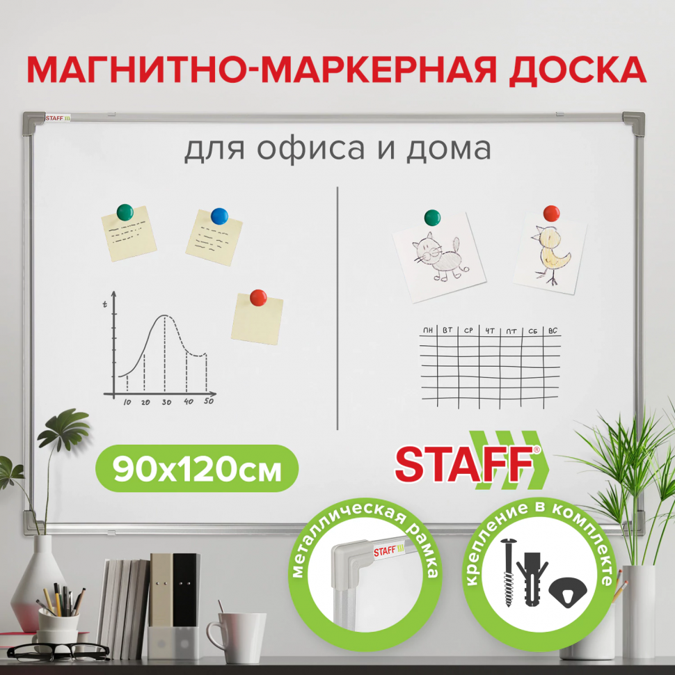 Доска магнитно-маркерная 90 x 120 см, улучшенная алюминиевая рама, горизонтальное/вертикальное крепление