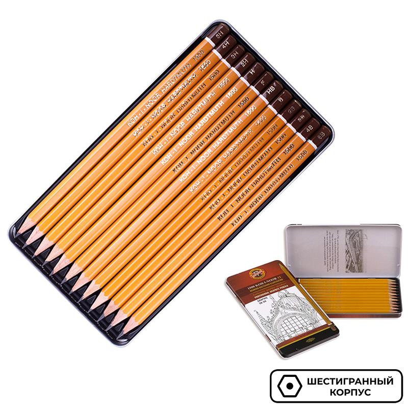 Карандаши чернографитные KOH-I-NOOR GRAPHIC 1502/III, твердость 5B-5H, набор 12 штук в металлической коробке