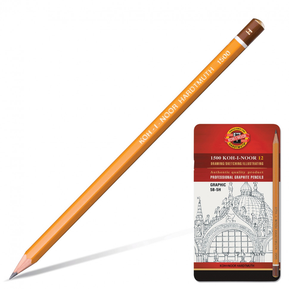 Карандаши чернографитные KOH-I-NOOR GRAPHIC 1502/III, твердость 5B-5H, набор 12 штук в металлической коробке