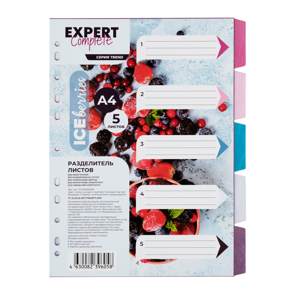 Разделитель пластиковый A4 Expert Complete Trend ICEberries, 5 разделов, толщина пластика 180 мкм, фактура "лён"