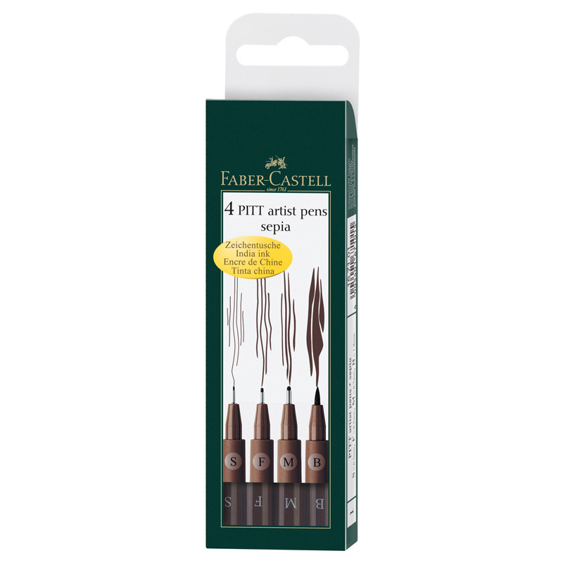 Капиллярные ручки FABER-CASTELL PITT® ARTIST PEN, цвет чернил "темная сепия, набор 4 штуки - пишущий узел 0.3, 0.5, 0.7 мм и Brush, FC167101