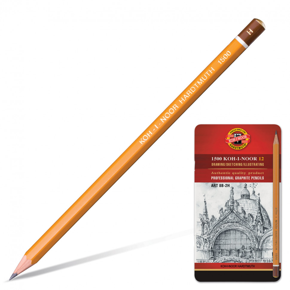 Карандаши чернографитные KOH-I-NOOR Art, НАБОР 12 штук, твердость 8В-2H, металлическая коробка, 1502012008PL