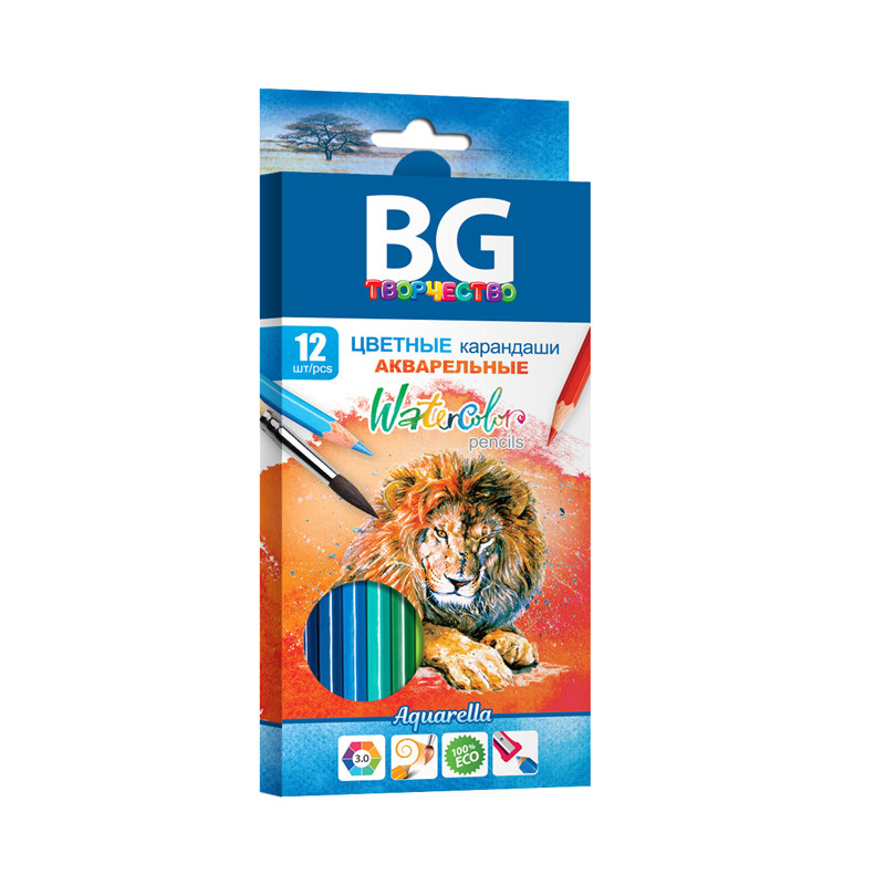 Карандаши акварельные BG Aquarella, 12 цветов, шестигранные, заточенные