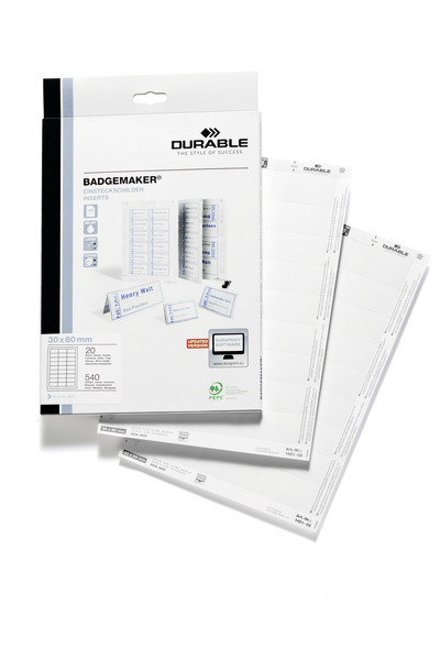 Сменные вкладыши для бэйджей DURABLE 30 x 60 мм, цвет белый, для бейджей Durable 8006, 8009, 8108, 8194, 8606, уп. 540 штук