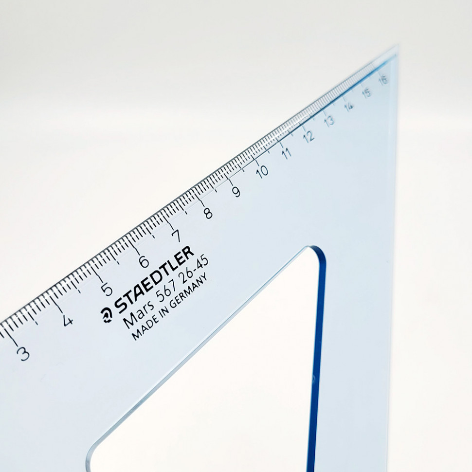 Угольник Staedtler Mars, 45°/45°, длина 26 см, шкала 16 см, пластик, прозрачный голубой