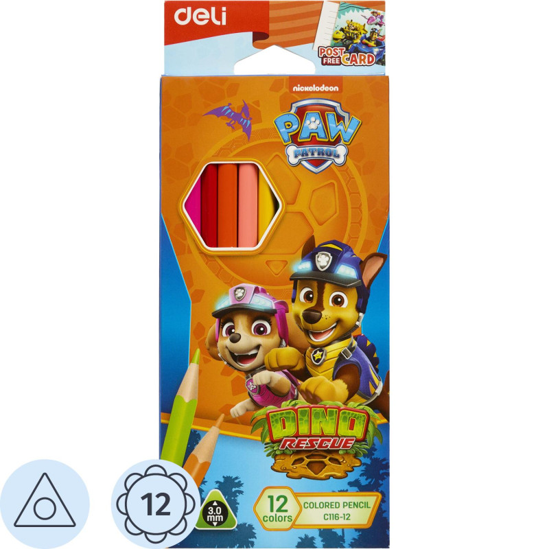 Карандаши цветные Deli Paw Patrol трехгранные, заточенные, длина 175 мм, диаметр грифеля 3 мм, набор 12 цветов с открыткой-раскраской, Deli EC116-12