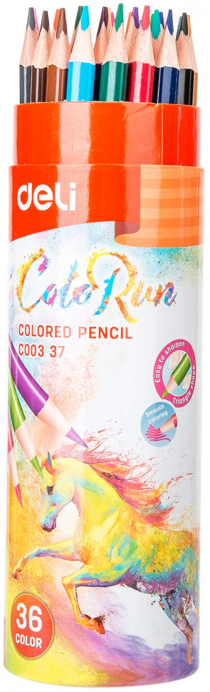 Карандаши цветные Deli ColoRun трехгранные, 36 цветов в тубусе, Deli EC00337