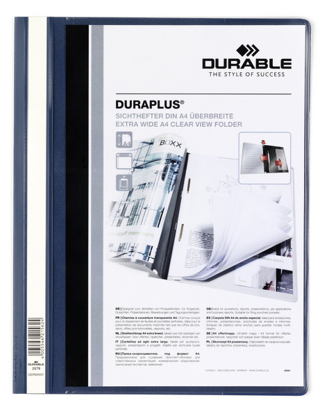 Скоросшиватель пластиковый DURABLE Duraplus A4+, широкий, 2 внутренних кармана, темно-синий, 2579-07