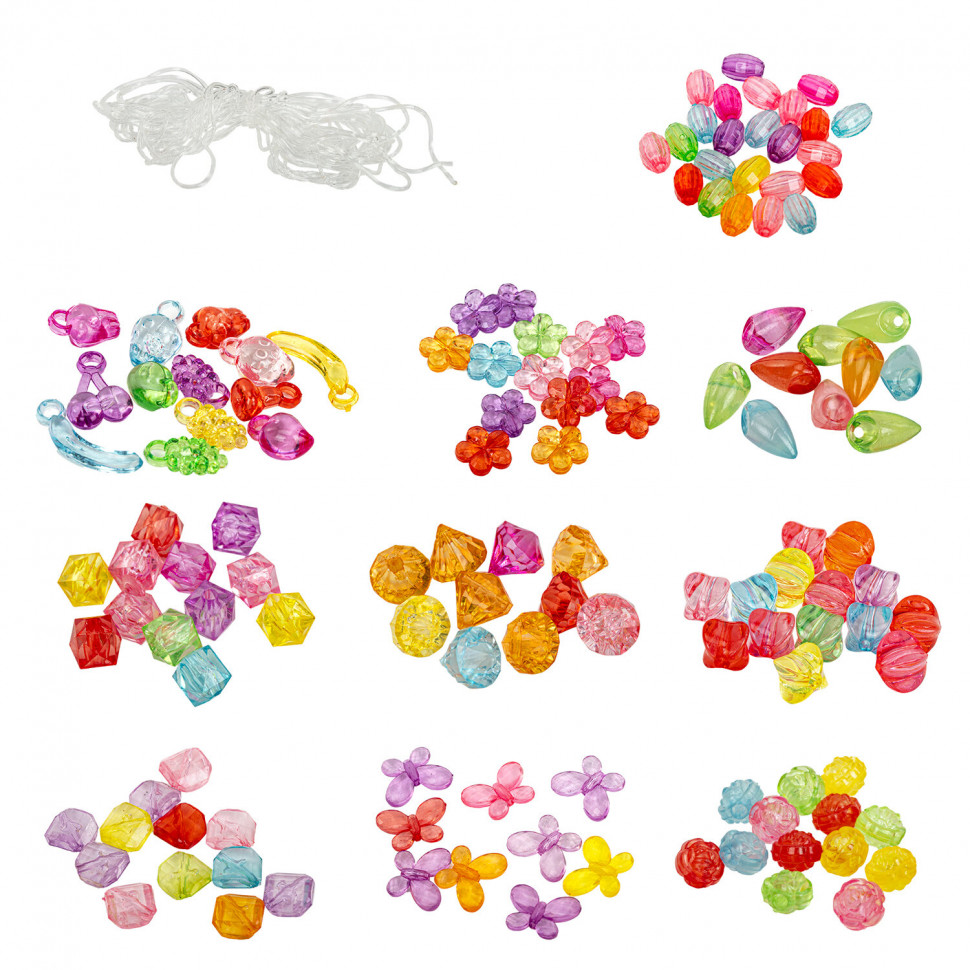 Набор бусин BEADS SET для творчества, рукоделия и создания украшений, 200 бусин, 10 видов, прозрачные, нить, BRAUBERG KIDS, 664694
