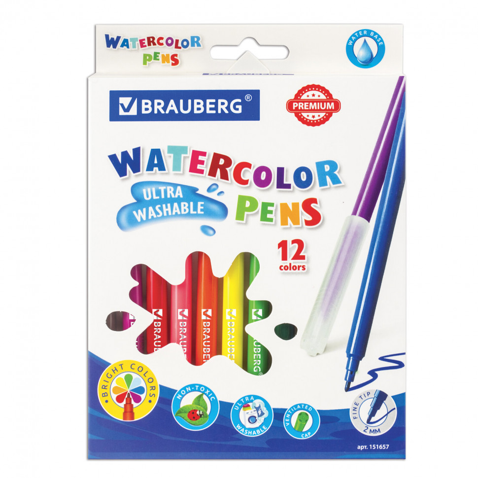 Фломастеры BRAUBERG PREMIUM, 12 цветов, УЛЬТРАСМЫВАЕМЫЕ, классические, вентилируемый колпачок, 151657