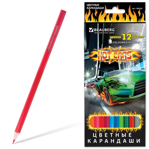 Карандаши цветные BRAUBERG "Hot Cars" (Крутые тачки), 12 цв., заточенные 