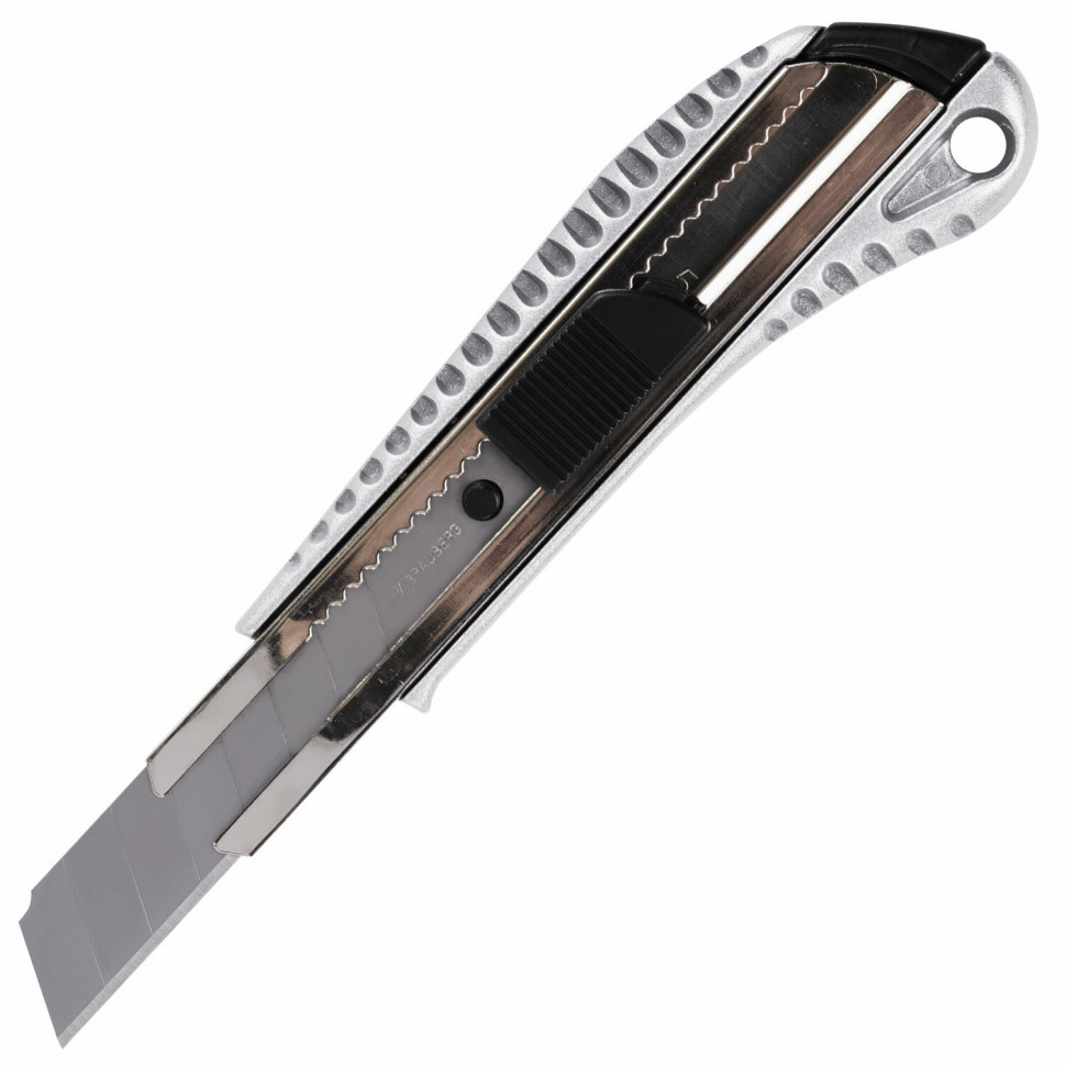 Нож канцелярский 18 мм BRAUBERG Metallic, металлический корпус (рифленый), автофиксатор, 235401