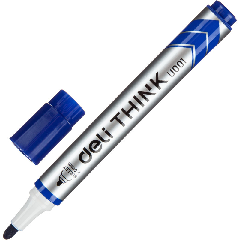 Маркер для досок Deli Think, круглый пишущий узел 2 мм, толщина линии 1.5 - 3 мм, чернила на спиртовой основе, цвет чернил синий, Deli EU00130