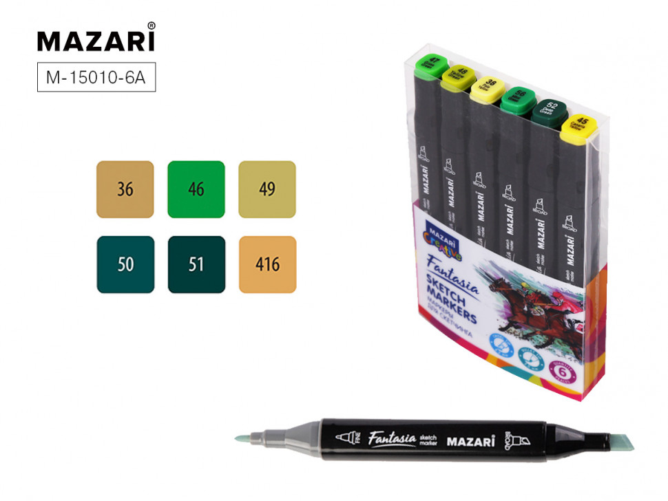 Набор двусторонних маркеров для скетчинга Mazari FANTASIA, 6 цветов, Green Colors (оттенки зеленого и желтого), пулевидный и клиновидный наконечники 3.0-6.2 мм, Mazari M-15010-6A