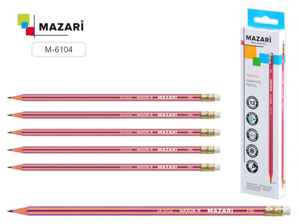 Карандаш чернографитный пластиковый Mazari NAXOS R с ластиком, корпус шестигранный, твердость HB, M-6104